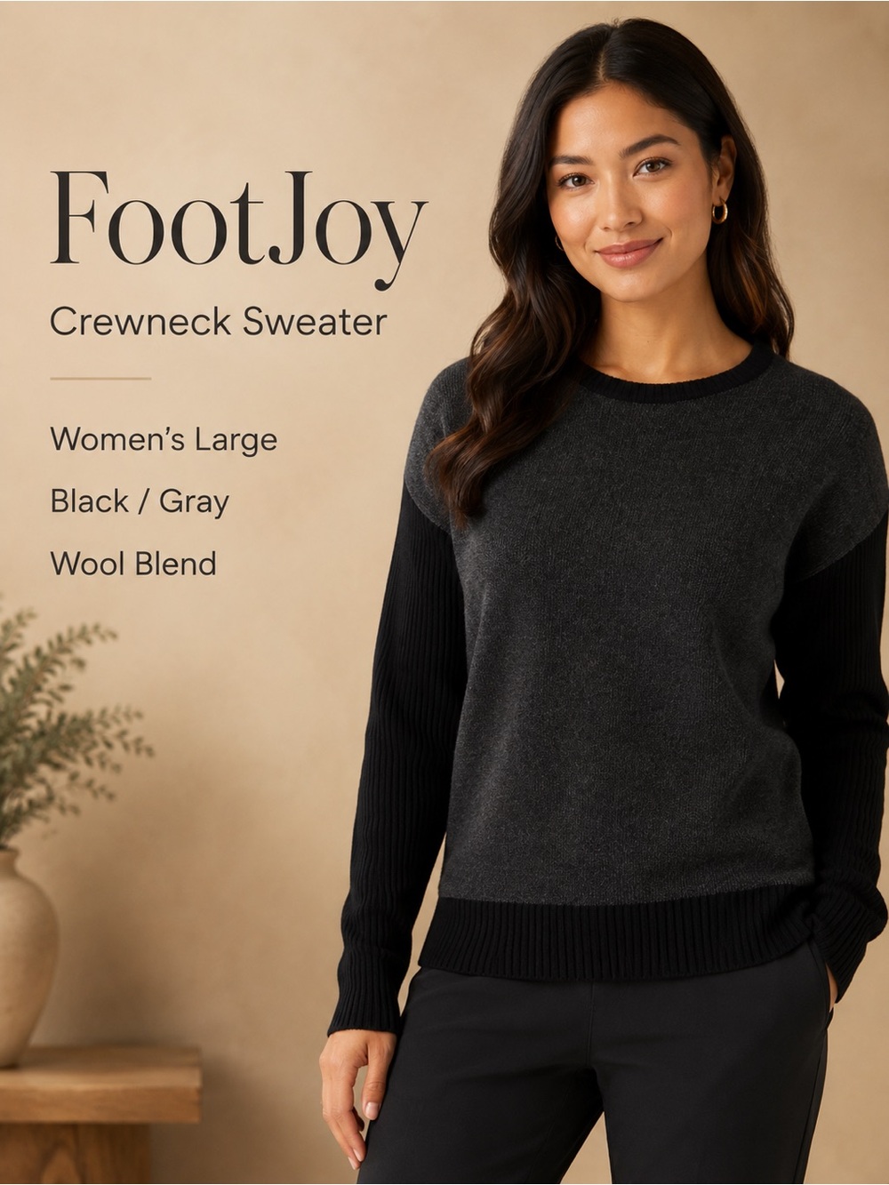 FootJoy Women’s Crewneck Wool Blend Sweater Black Gray Size Large NWT